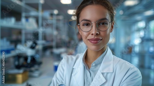 A young female scientist, wearing eyeglasses and a lab coat, stands confidently in a spacious laboratory, representing scientific pursuit, intelligence, and modern research.