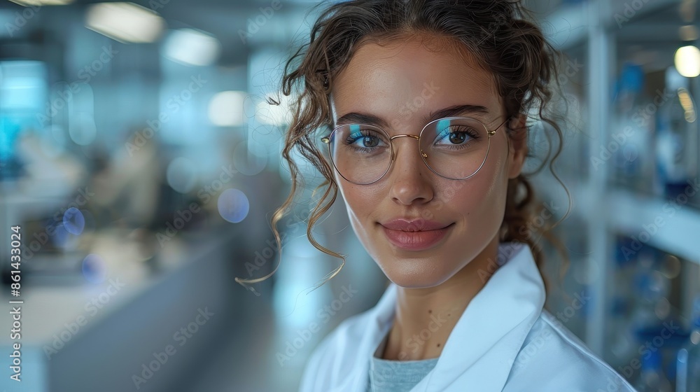 Fototapeta premium A young female scientist with curly hair and glasses is smiling confidently inside a bright and modern laboratory, symbolizing knowledge, confidence, and scientific rigor.