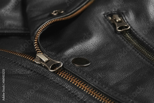 Close Up Of Genuine Leather Jacket And Zipper.