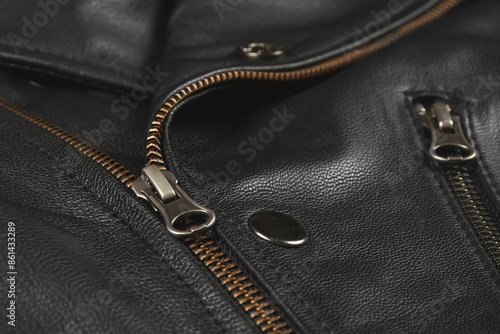 Close Up Of Genuine Leather Jacket And Zipper.