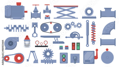 Machine parts. Different mechanical details. Metal gears. Pipe valves. Engine pump levers or hinges. Engineering equipment. Technical or robots components. Steampunk elements vector set