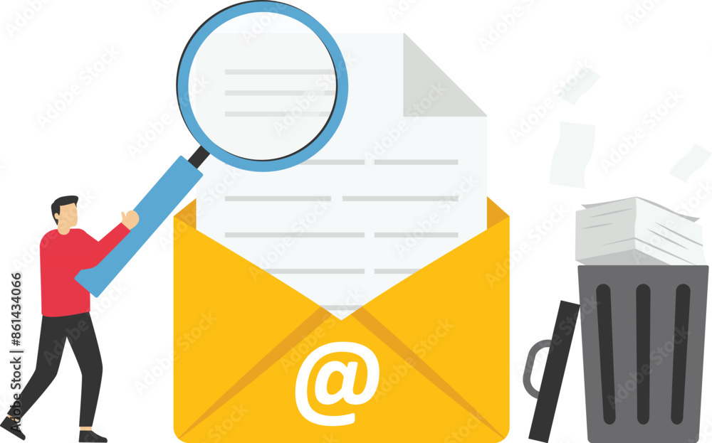 Email scan for cyber security, data protection or junk mail, online communication technology, safety and protection concept, businessman scan email with magnifying glass throw junk mail into bin.

