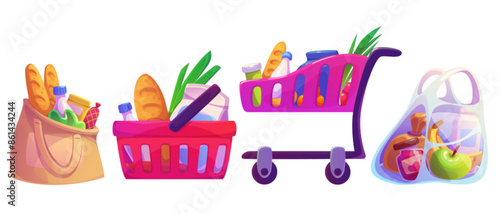 Grocery shop cart, basket, bag set isolated on white background. Vector cartoon illustration of food packages, bottles, fresh bread, fruit and vegetables, shopping containers full of healthy products