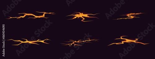 Lava ground cracks. Earthquake split with light inside. Volcano magma. Damage fissure effect. Hell glow in holes. Land destruction. Rock surface texture. Volcanic elements vector set