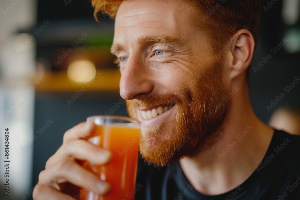 A smiling man drinks freshly squeezed juice after a workout A smiling man drinks freshly squeezed juice after a workout