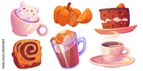Pumpkin spice drink and desserts set isolated on white background. Vector cartoon illustration of spicy cheese cake, sweet caramel latte, cup of hot chocolate or cocoa, autumn season menu in cafe