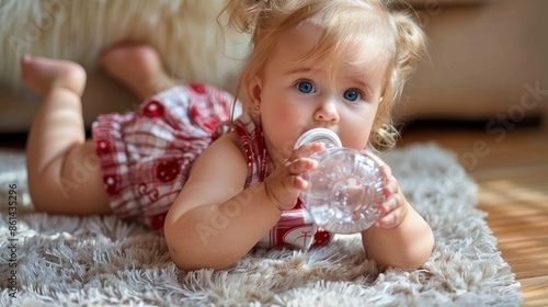 A baby girl with bright blue eyes lies on a textured carpet, sipping from a baby bottle and looking curiously around, exuding cuteness and innocence.