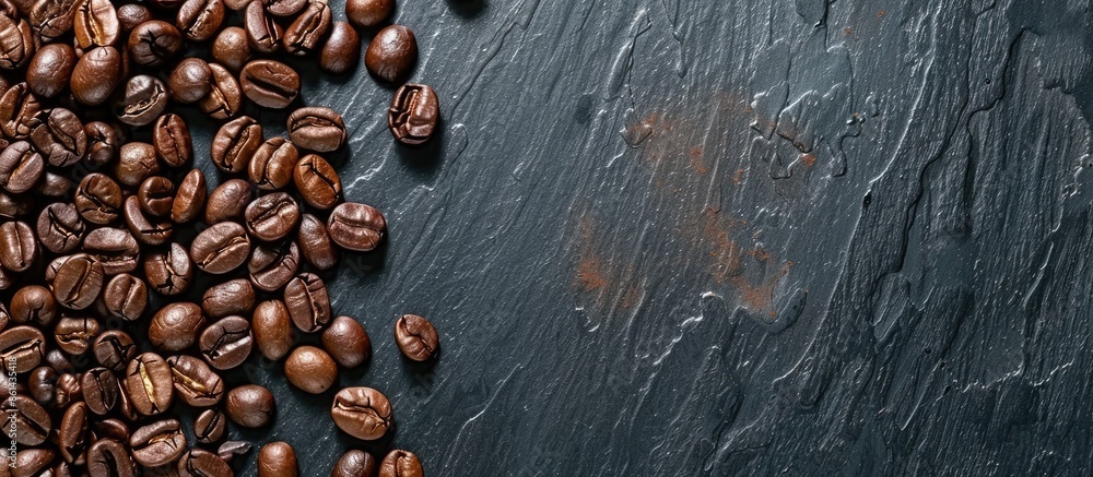 Close-up image of coffee beans on a black mirror background with copy space image. Close-up image of coffee beans on a black mirror background with copy space image.