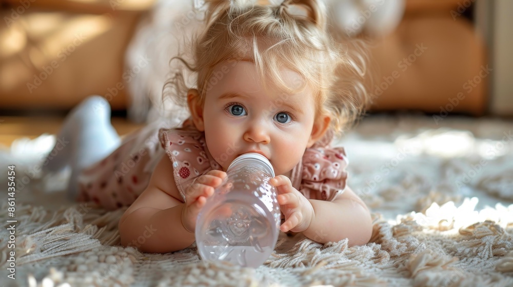 A cute baby girl with a baby bottle lies on a plush rug in a sunlit room, her big blue eyes filled with curiosity, exuding a serene and peaceful vibe. A cute baby girl with a baby bottle lies on a plush rug in a sunlit room, her big blue eyes filled with curiosity, exuding a serene and peaceful vibe.