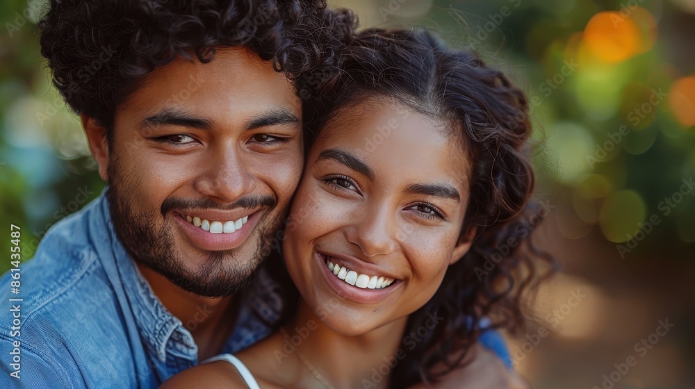 A happy couple smiles together outdoors, with lush greenery providing a beautiful backdrop, capturing an intimate moment of joy and togetherness under natural sunlight. A happy couple smiles together outdoors, with lush greenery providing a beautiful backdrop, capturing an intimate moment of joy and togetherness under natural sunlight.