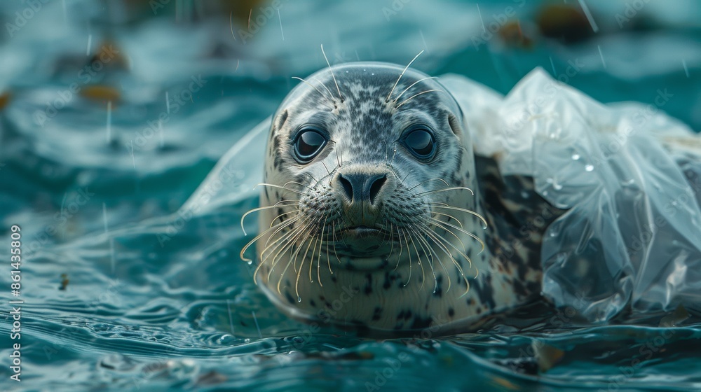 Fototapeta premium Fur seals in plastic bags as an example of environmental pollution.