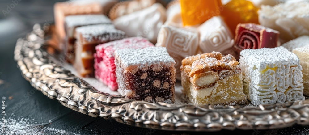 Close-up of various delectable Turkish delights on a metal tray with powdered sugar, locum, and copy space image. Close-up of various delectable Turkish delights on a metal tray with powdered sugar, locum, and copy space image.