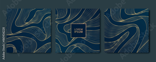Vector set of gold line abstract cards, elegant square banners, premium design frames. Dark business patterns with ribbons.