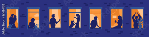 House residents silhouettes in night windows. Neighbors in apartments. Couple in love hugs. Girl playing with dog. Man sitting at home windowsill. Evening cityscape. Garish vector concept