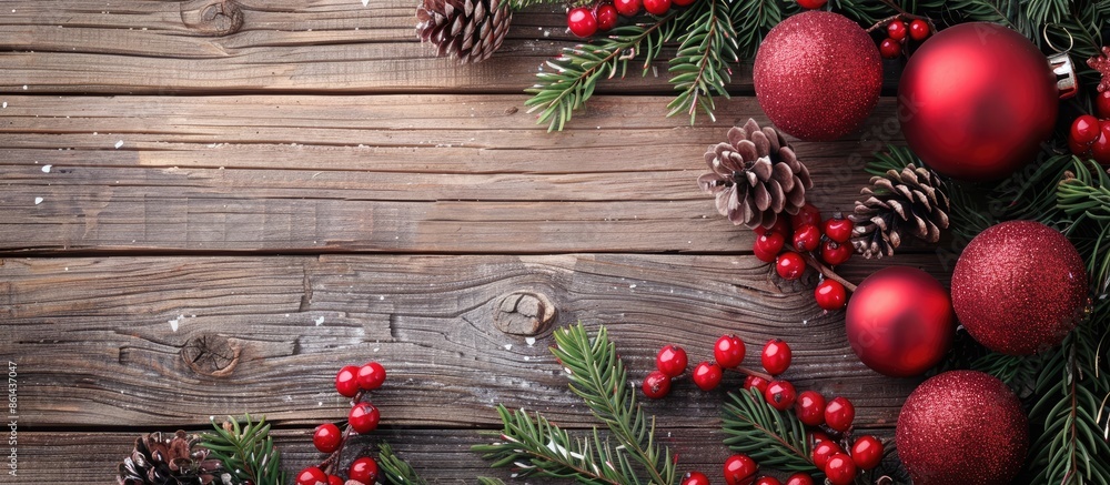 Festive Christmas decoration on wooden backdrop with copy space image available. Festive Christmas decoration on wooden backdrop with copy space image available.