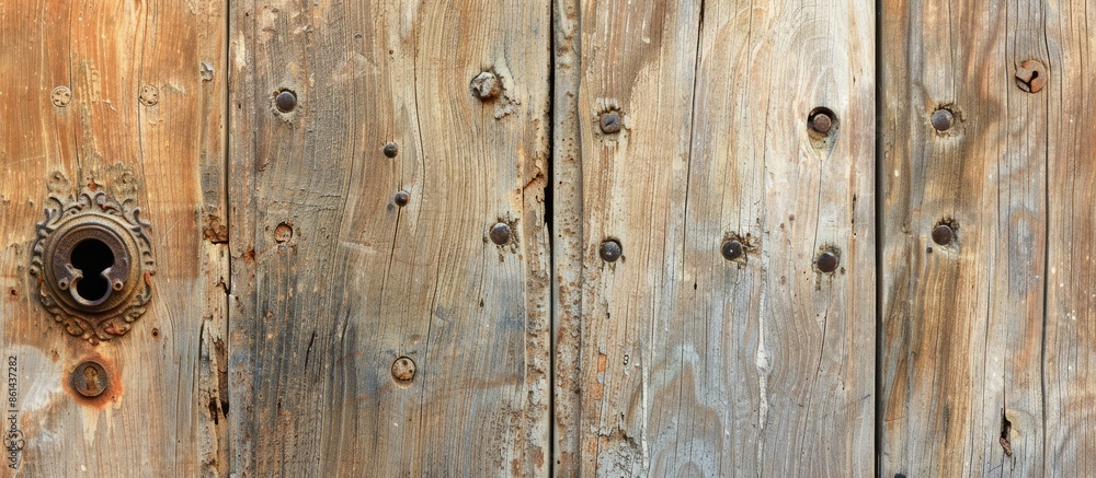 Closeup front view of an antique wooden door with a rusty handle and keyhole, set in a rustic Spanish town, ideal for a background with copy space image. Closeup front view of an antique wooden door with a rusty handle and keyhole, set in a rustic Spanish town, ideal for a background with copy space image.
