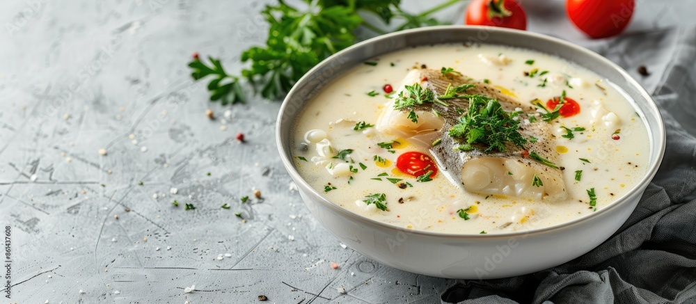 Creamy bream fish soup in a white bowl on a grey background, with copy space image for text, in a close-up shot. Creamy bream fish soup in a white bowl on a grey background, with copy space image for text, in a close-up shot.