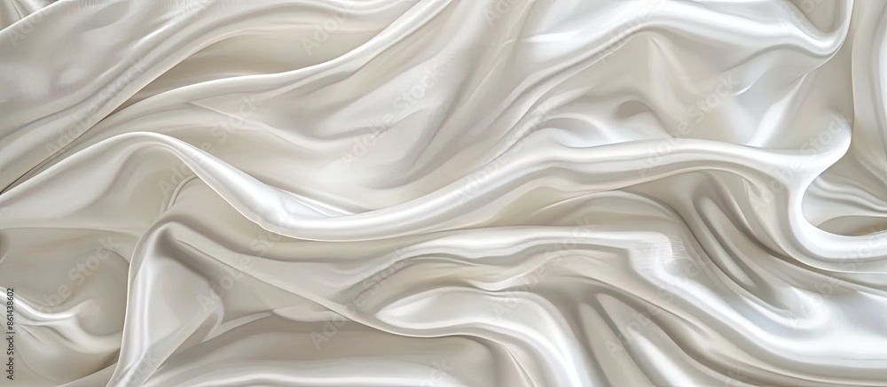 Obraz premium Elegant white satin silk fabric texture with wavy patterns for abstract background design, ideal for wedding or engagement concepts, featuring copy space image.