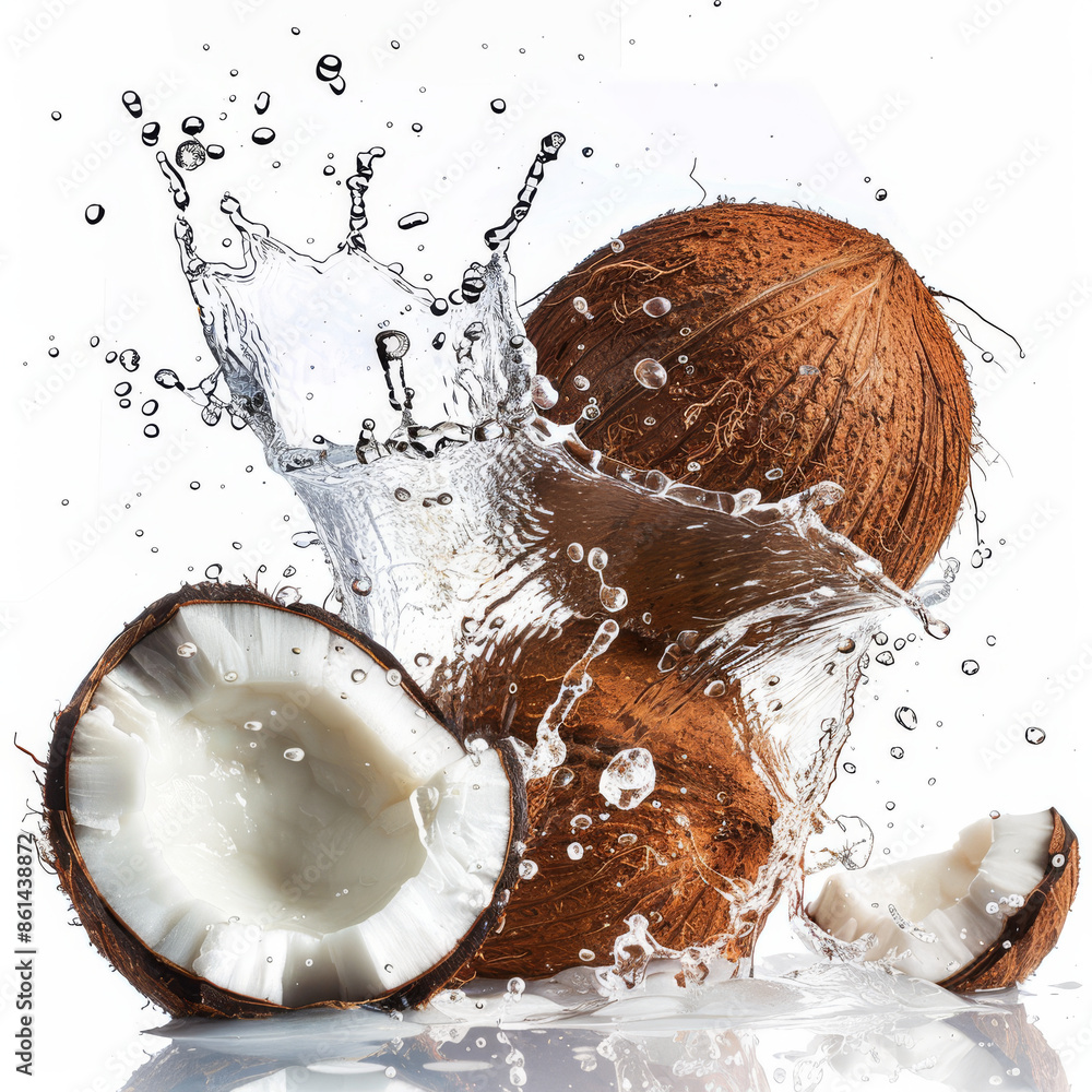 Water splash with fruits isolated on a white background, featuring fresh coconut. Water splash with fruits isolated on a white background, featuring fresh coconut.