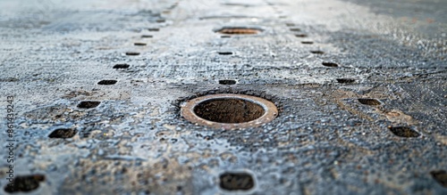 Close-up of uncovered drainage holes on outdoor concrete walkways, presenting a hazard in the background with copy space image. photo