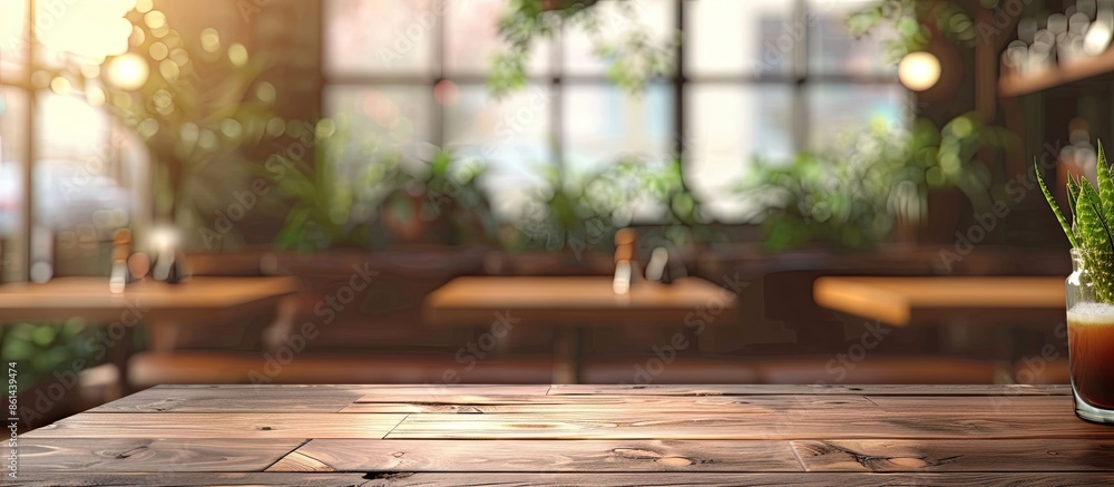 Fototapeta premium Blurry cafe background with an empty desktop, ideal for montage concept with copy space image.