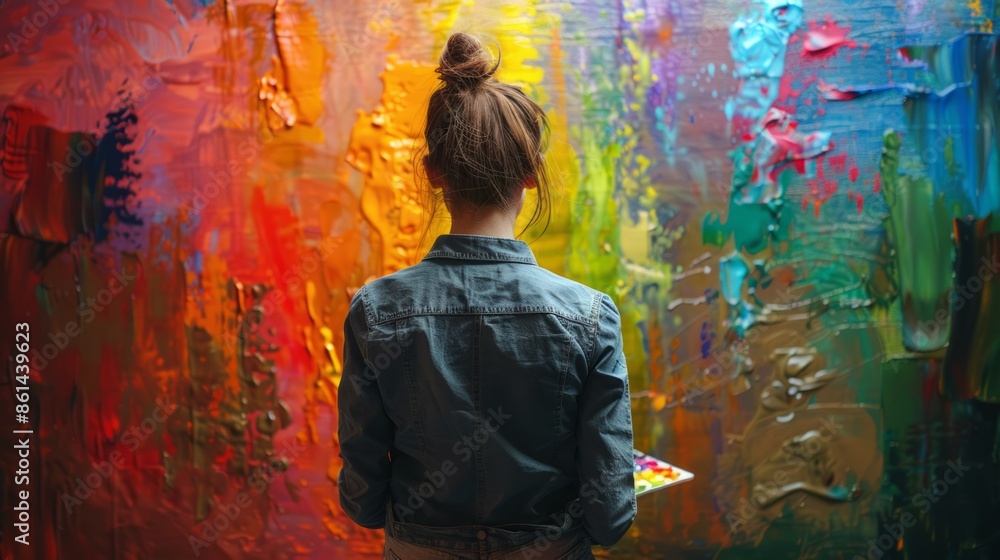 Obraz premium Back of Artist Working on Colorful Abstract Acrylic Painting