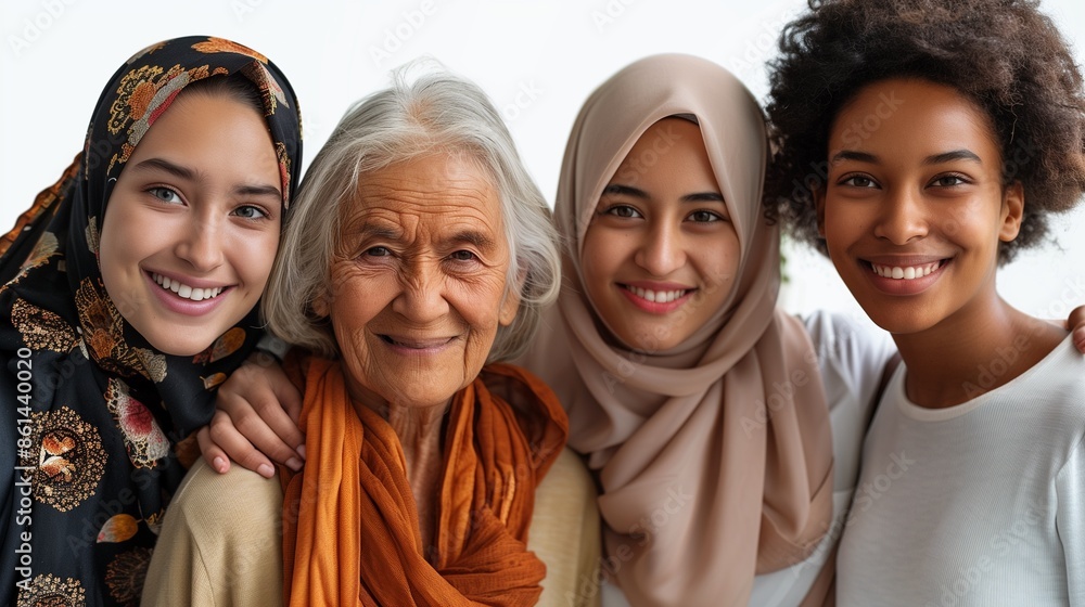 Smiling diverse women of different ages and races posing together. Smiling diverse women of different ages and races posing together.