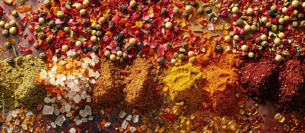 Assorted spices and herbs like red chili flakes, smoked paprika, and a mix of other spices for cooking, on a copy space image. Assorted spices and herbs like red chili flakes, smoked paprika, and a mix of other spices for cooking, on a copy space image.