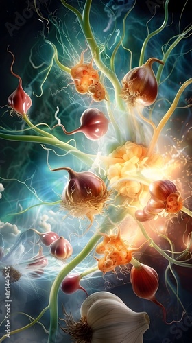 Surreal Garlic Cloves Exploding with Vibrant Cellular Anatomy photo
