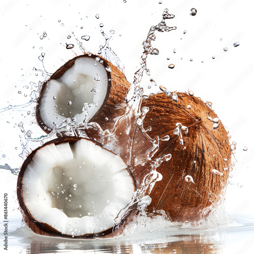 Water splash with fruits isolated on a white background, featuring fresh coconut. Water splash with fruits isolated on a white background, featuring fresh coconut.