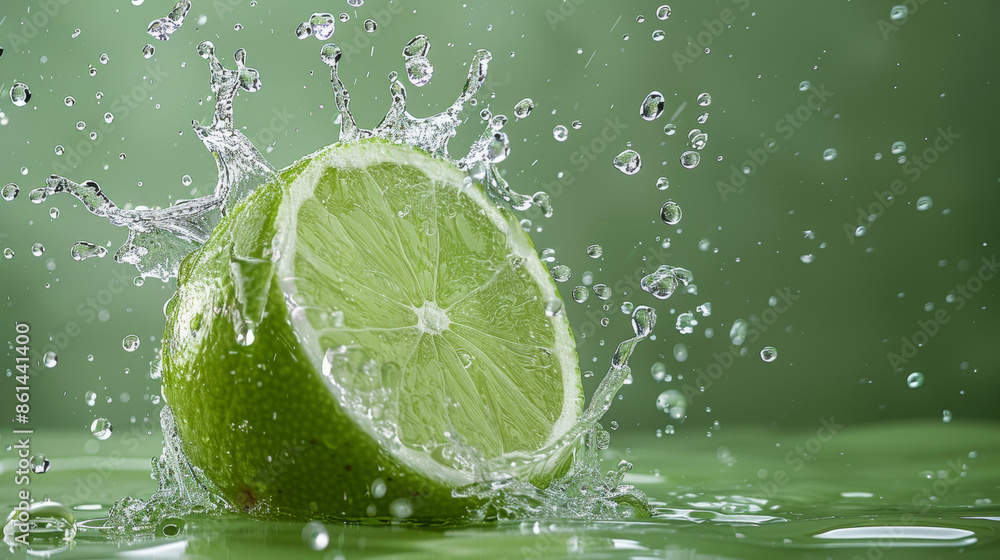 Water splashing on a fresh green lime, isolated against a green background. Water splashing on a fresh green lime, isolated against a green background.