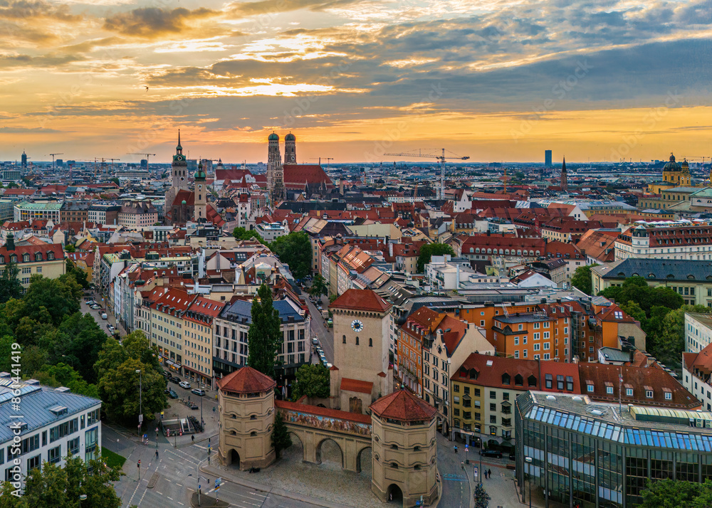 Fototapeta premium Frauenkirche landmark seen at Sunset in an aerial view - Munich, Germany