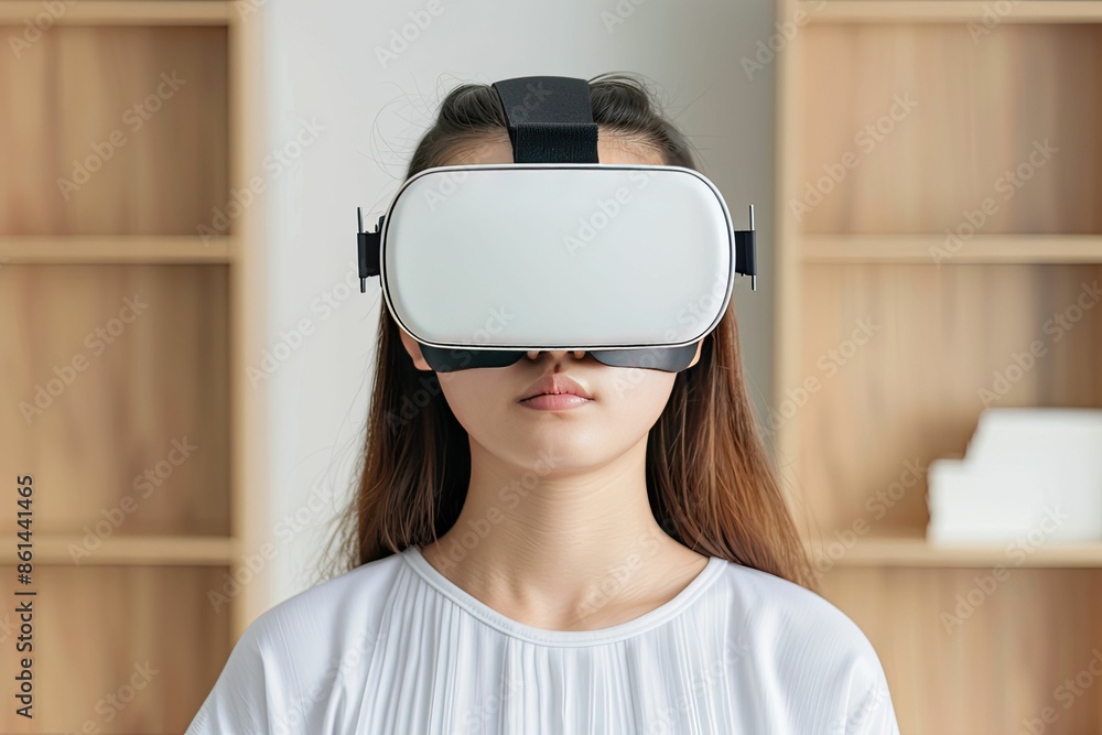 Woman using a virtual reality headset, engaging with immersive technology in a modern home setting. Woman using a virtual reality headset, engaging with immersive technology in a modern home setting.