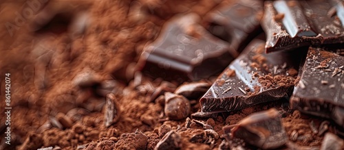 Detailed close-up macro shot capturing chocolate pieces with appealing copy space image.