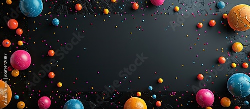 Black velvet rectangle with multicolored balls creating an abstract frame on a black background with soft, fluffy balls, ideal for a copy space image. photo