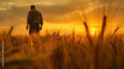 A silhouette of a farmer walks through a field of golden wheat at sunset. The sun is setting behind him, casting a warm glow over the scene © Mars0hod