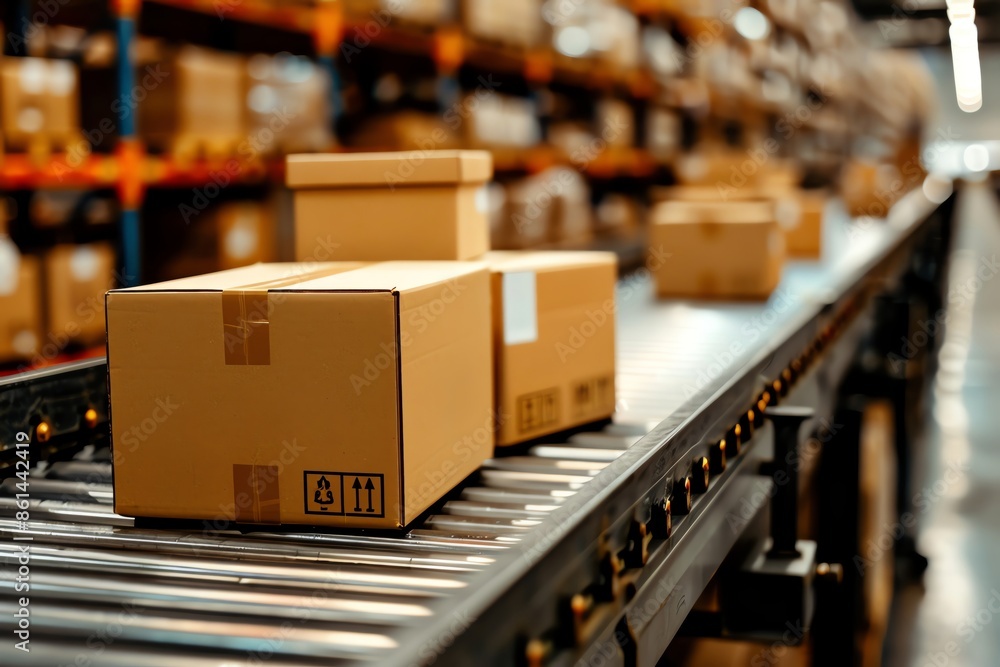 Photo of cardboard boxes on a conveyor belt in a warehouse, close up shot Photo of cardboard boxes on a conveyor belt in a warehouse, close up shot