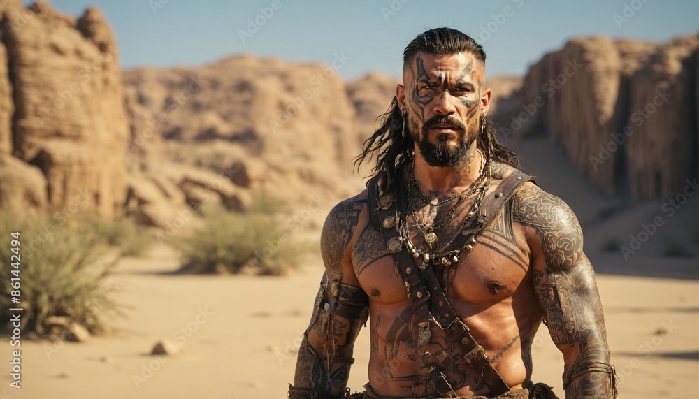 A warrior with a beard and tattoos stands in a desert, victorious in a barren landscape.