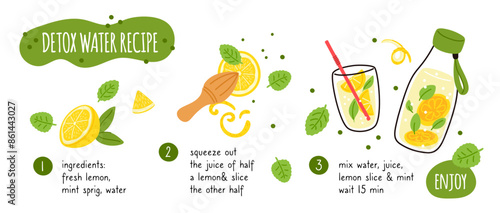 Detox water recipe. Homemade lemonade. Lemon and mint leaves. Healthy drink making process. Vegan ingredients. Citrus juice. Fresh zest and citron slices in bottle. Garish vector concept