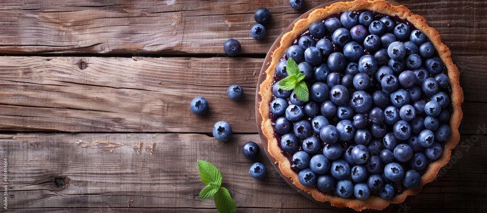 Blueberry cake on a wooden table with room for text in a flat lay composition. image with copy space Blueberry cake on a wooden table with room for text in a flat lay composition. image with copy space