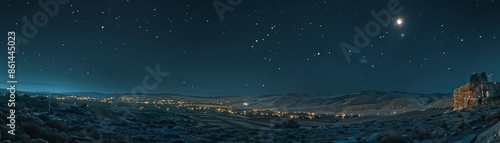 A calm, starlit night over Bethlehem, imagining the historic night of Jesus birth, with shepherds fields in the foreground