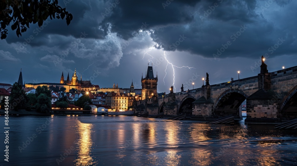 Thunderstorm over Prague city in Czech Republic in Europe. Thunderstorm over Prague city in Czech Republic in Europe.