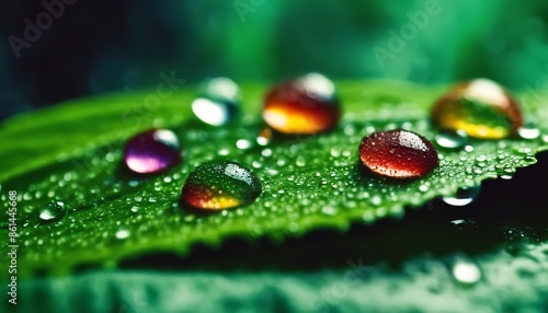 Beautiful large drop morning dew in nature, selective focus. Colourful drops of clean transparent water on leaves. Sun glare in drop. Image in green tones. Spring summer natural background.