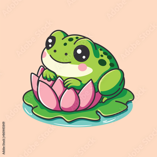 Cute cartoon frog sitting on lotus flower. Vector illustration.