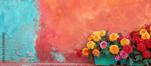 Colorful wall provides a vibrant backdrop for composition featuring chrysanthemums, offering ample copy space image.