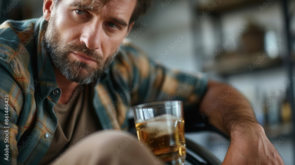 A bearded man in a flannel shirt stares intensely at the camera, holding a glass of whiskey, in a dimly lit indoor setting representing contemplation and introspection. A bearded man in a flannel shirt stares intensely at the camera, holding a glass of whiskey, in a dimly lit indoor setting representing contemplation and introspection.