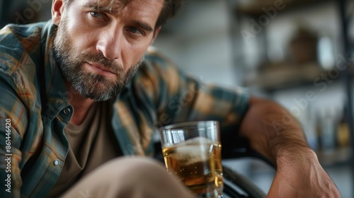 Wallpaper Mural A bearded man in a flannel shirt stares intensely at the camera, holding a glass of whiskey, in a dimly lit indoor setting representing contemplation and introspection. Torontodigital.ca