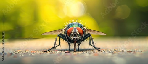 Detailed shot of a housefly in a garden setting, with copy space image available.
