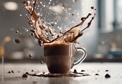 Captivating high-speed photography freeze-frame of coffee splashing out of a classic white mug, showcasing the fluid dynamics and energy of everyday moments.