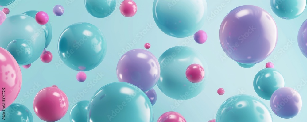 Colorful 3D rendered spheres in teal, purple, and pink floating on a blue background Colorful 3D rendered spheres in teal, purple, and pink floating on a blue background